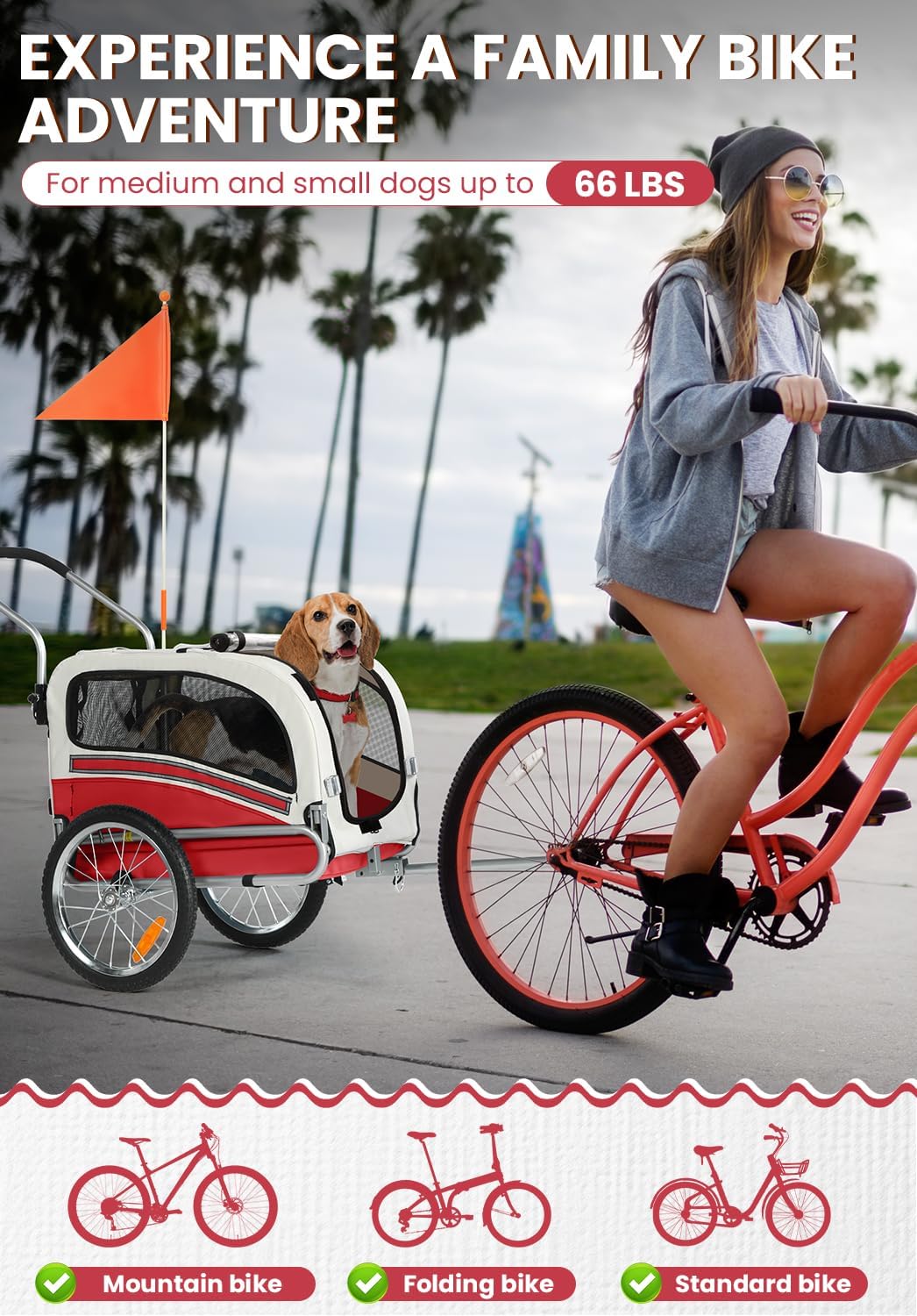2 in 1 Pet Bicycle Trailer with a 6" Stroller Wheel Suitable for Small and Medium Dogs, Carrier Up to 66/88 LBS, Easy Fo