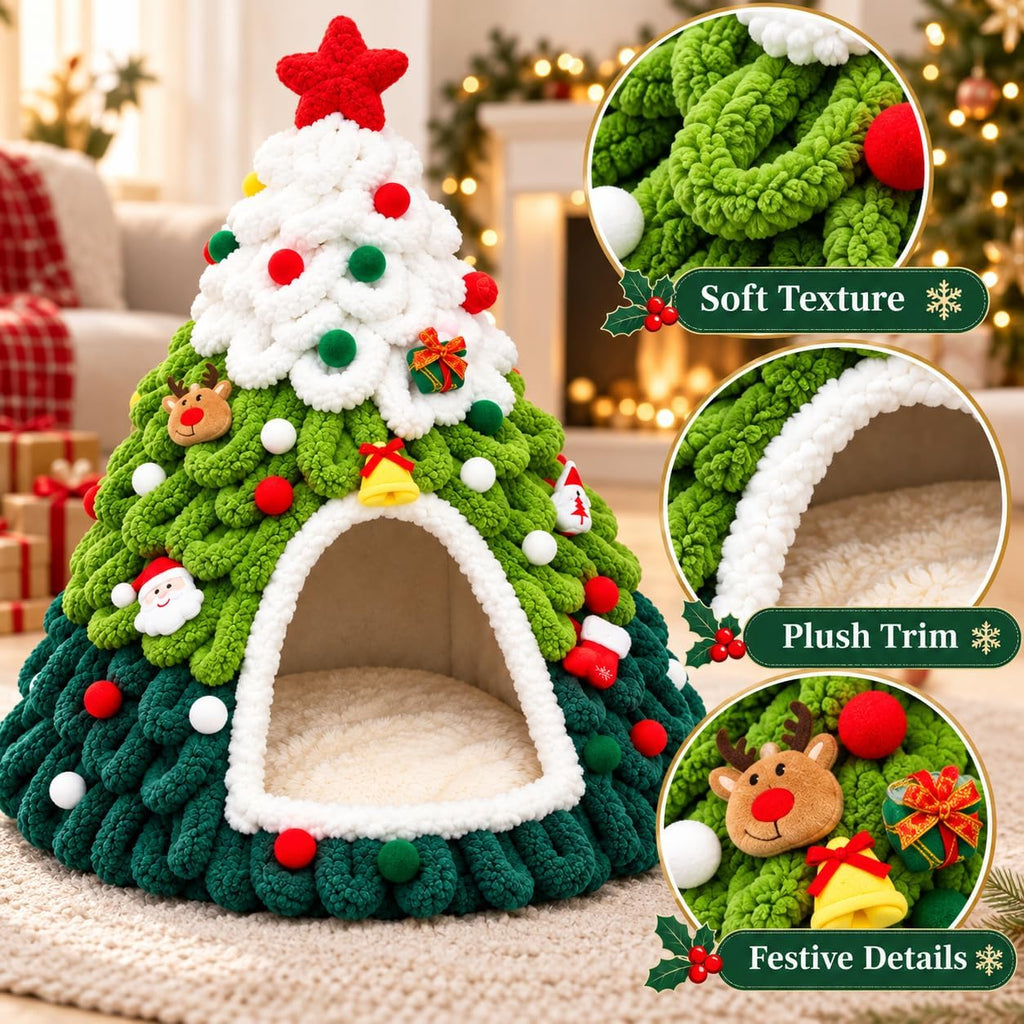 Christmas Tree Cat Bed, Cozy Holiday Cat Cave for Indoor Cats, 3D Christmas Cat House with Semi-Enclosed Hideaway, Folda