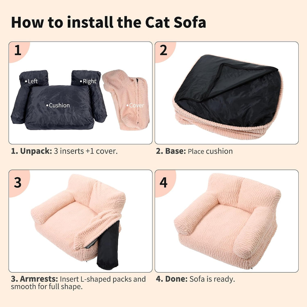 Cat Couch Bed - Plush Fluffy Cat Sofa for Indoor Cats, Orthopedic Kitten Lounge Chair with Removable Washable Cover, Sup