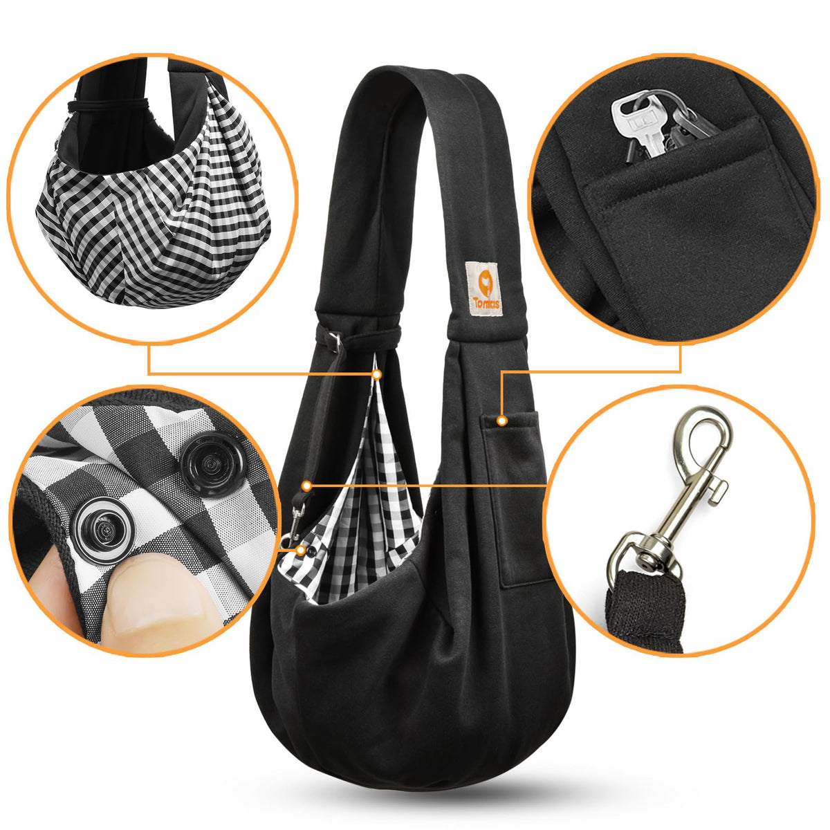 Tomkas Small Dog Cat Sling Carrier Puppy Purse Travel Wrap Soft Crossbody Pet Bag (Black1, M - Classic Pocket & Classic Strap)