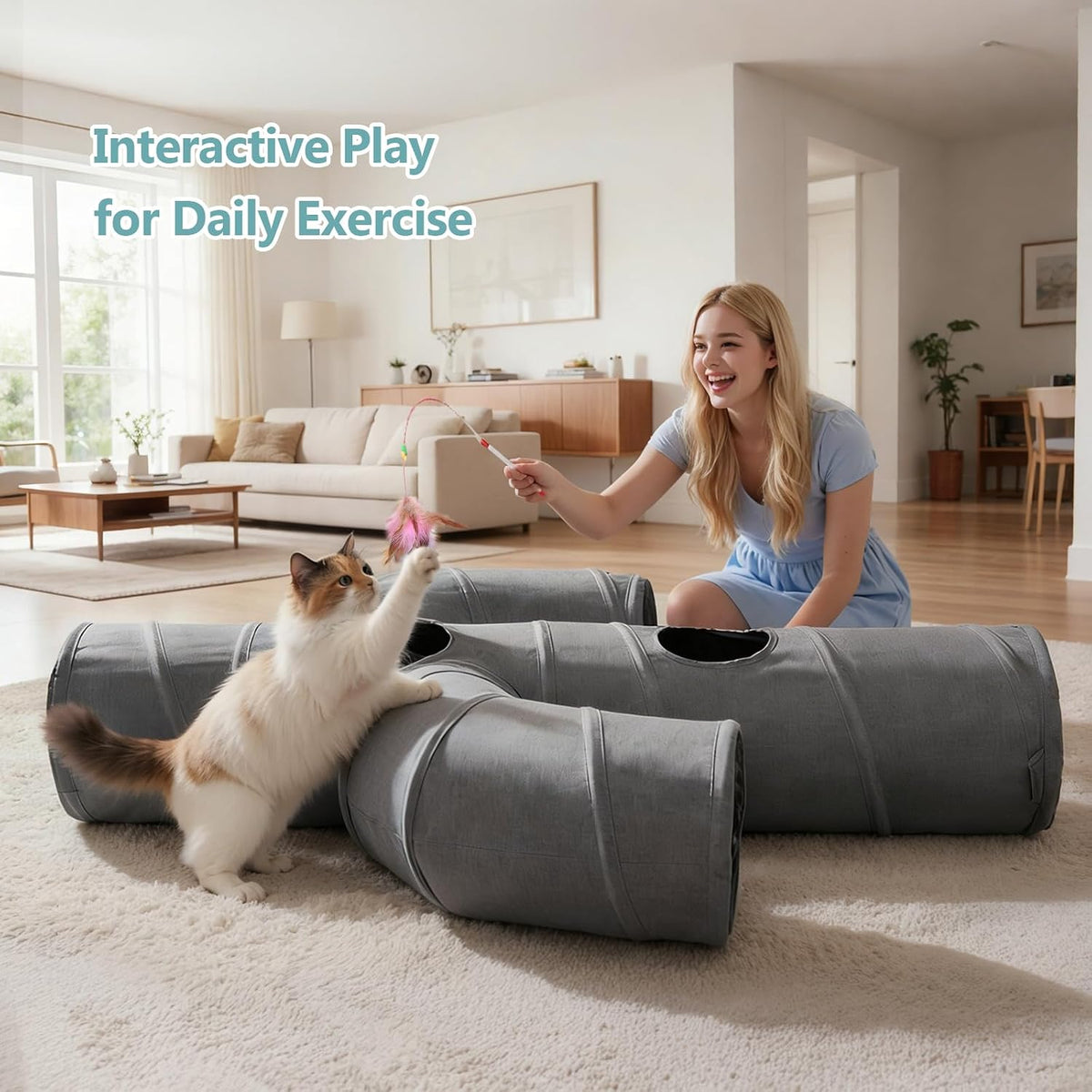 Ownpets Cactus Cat Tunnel 12" with Peek Holes for Indoor Large Cat, Grey