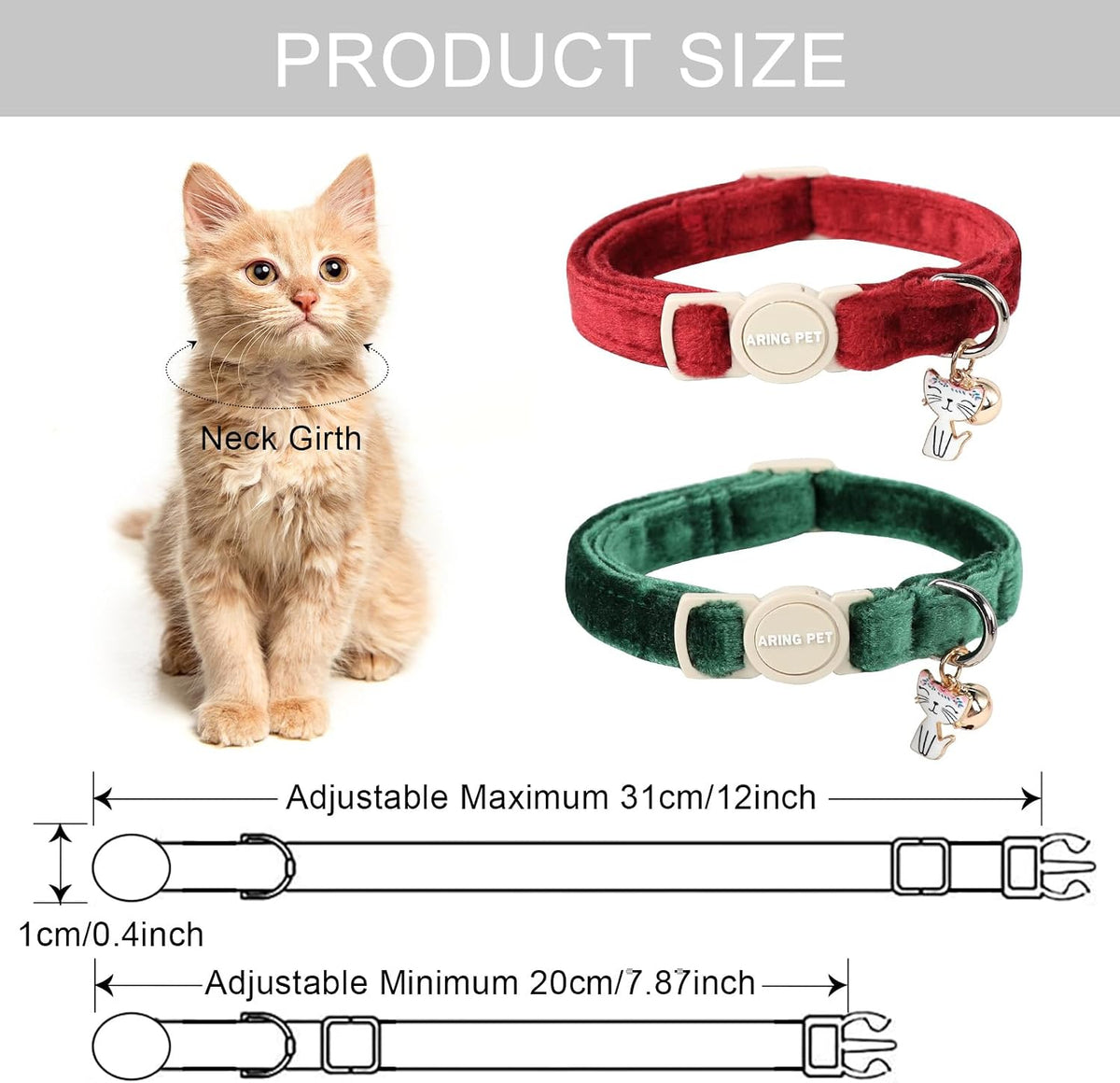 ARING PET 2 Pack Cat Collars-Cute Breakaway Cat Collar with Bell & Pendant, Adjustable Christmas Kitten Collars with Saf