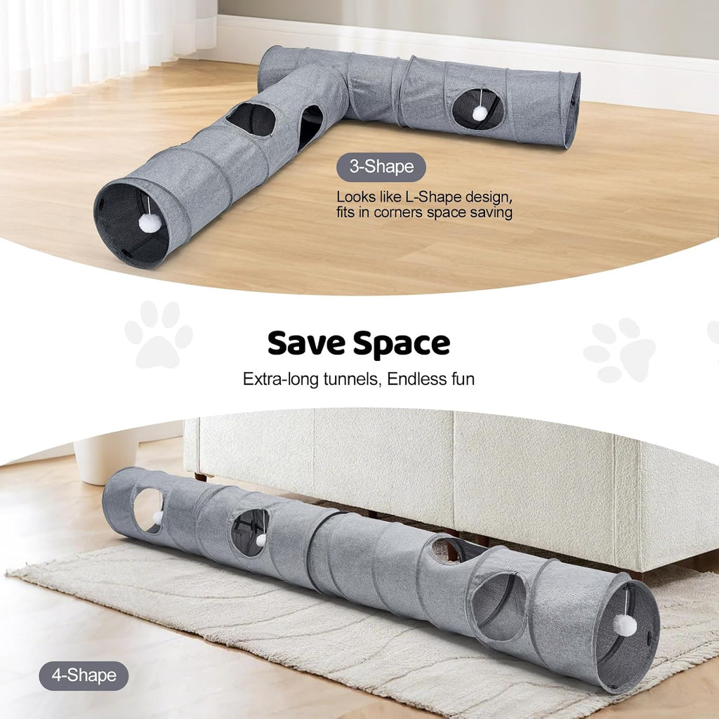 Cat Tunnel, 3 Straight Shaped Tunnels 6 DIY Shapes with Wand Toys, No Noise Scratch Resistant Cool Linen Fabric, Interac