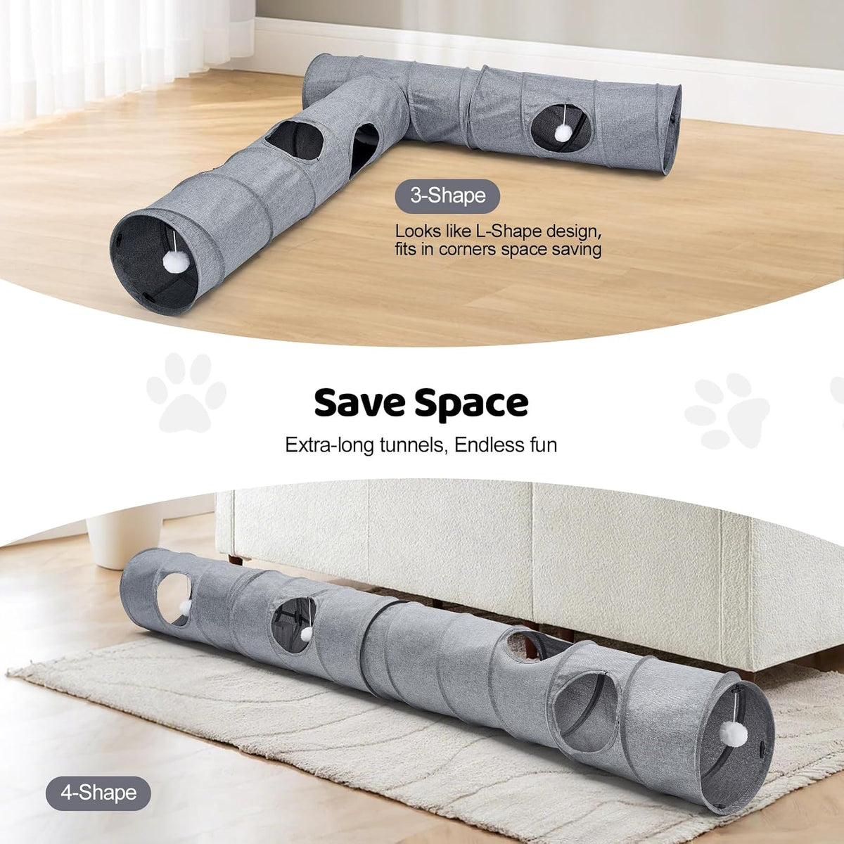 Cat Tunnel, 3 Straight Shaped Tunnels 6 DIY Shapes with Wand Toys, No Noise Scratch Resistant Cool Linen Fabric, Interac