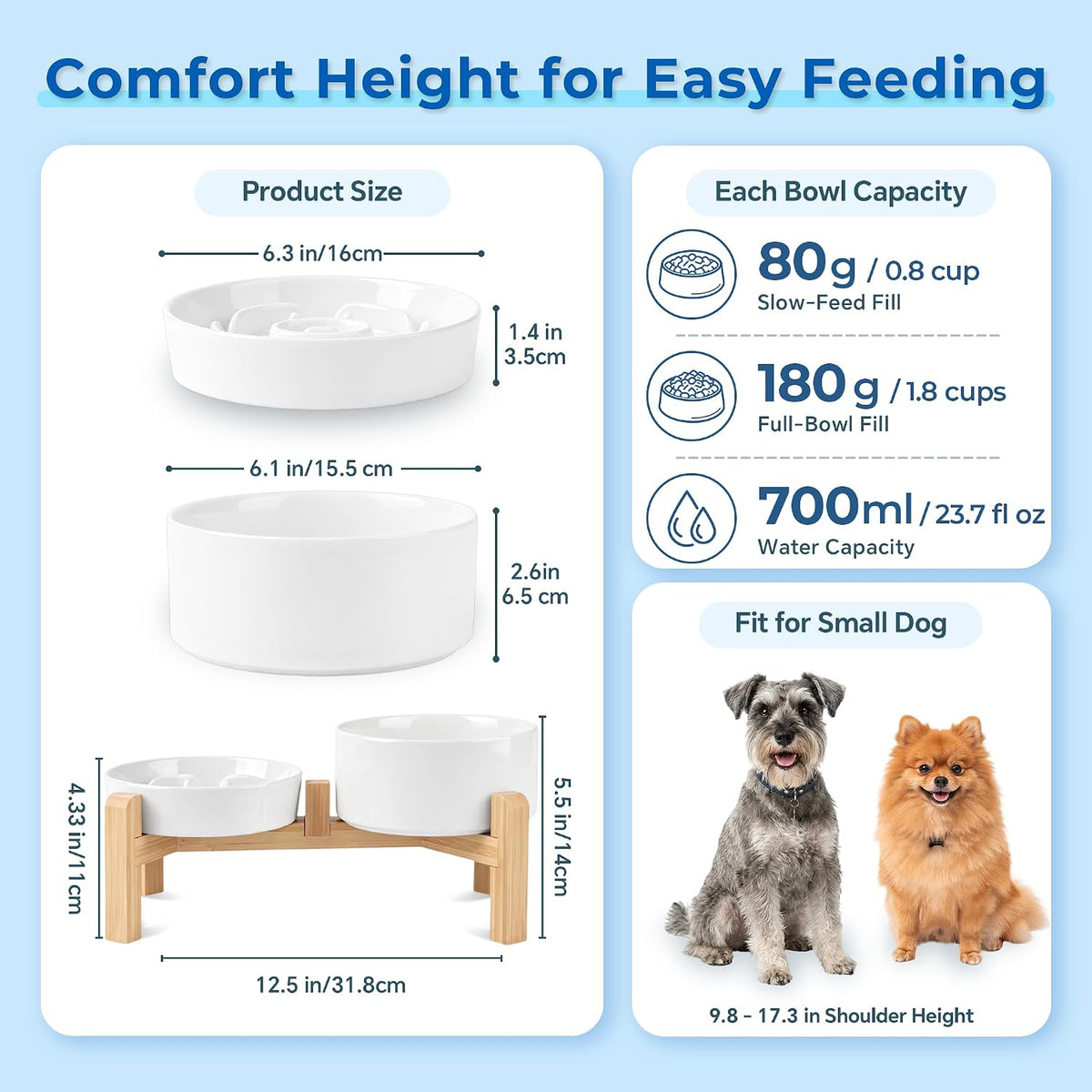 Raised Ceramic Slow Feeder Dog Bowls(0.8 Cups) with Dog Water Dish(700ML)