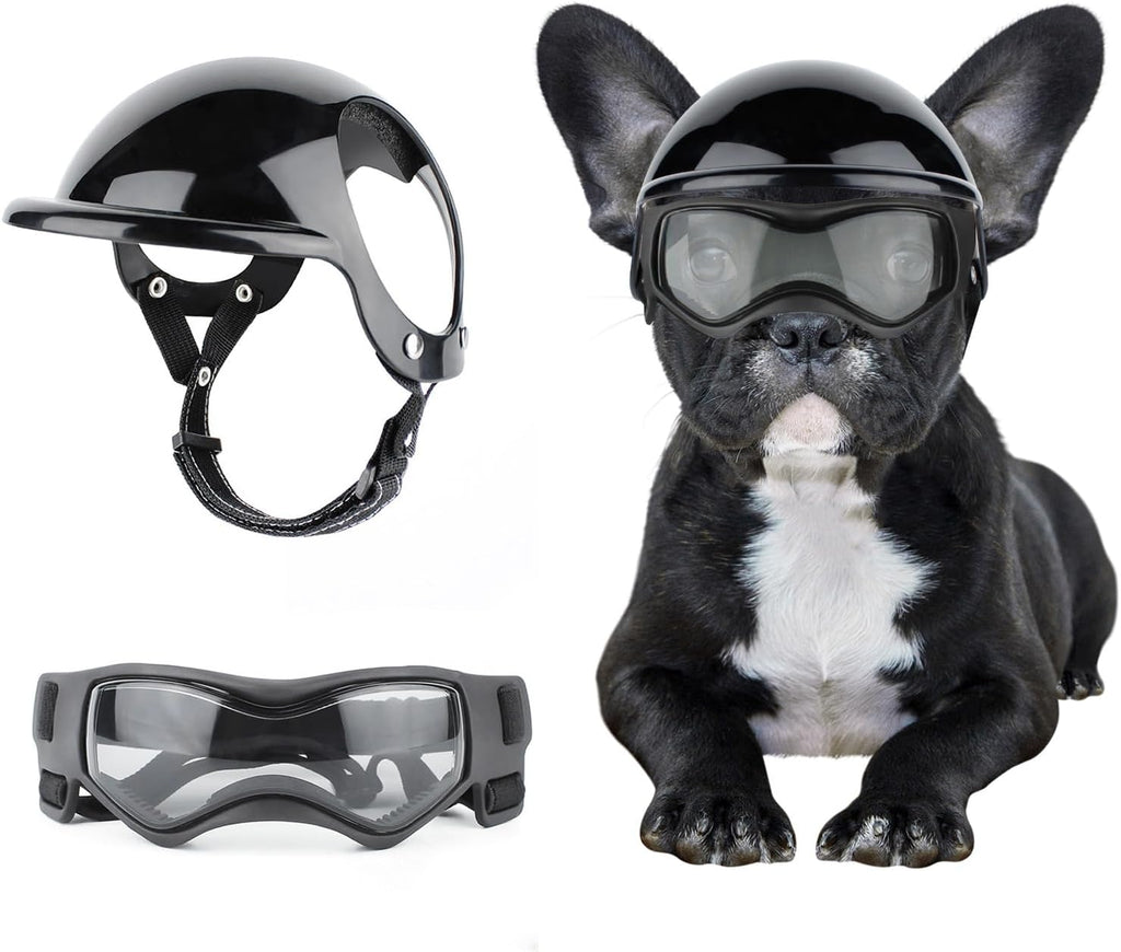Dog Helmet and Goggles for Small Dogs - Pet Goggles Pet Motorcycle Helmet Hat with Ear Holes Adjustable Straps Safety He
