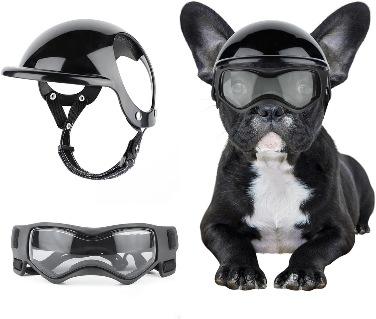 Dog Helmet and Goggles for Small Dogs - Pet Goggles Pet Motorcycle Helmet Hat with Ear Holes Adjustable Straps Safety He
