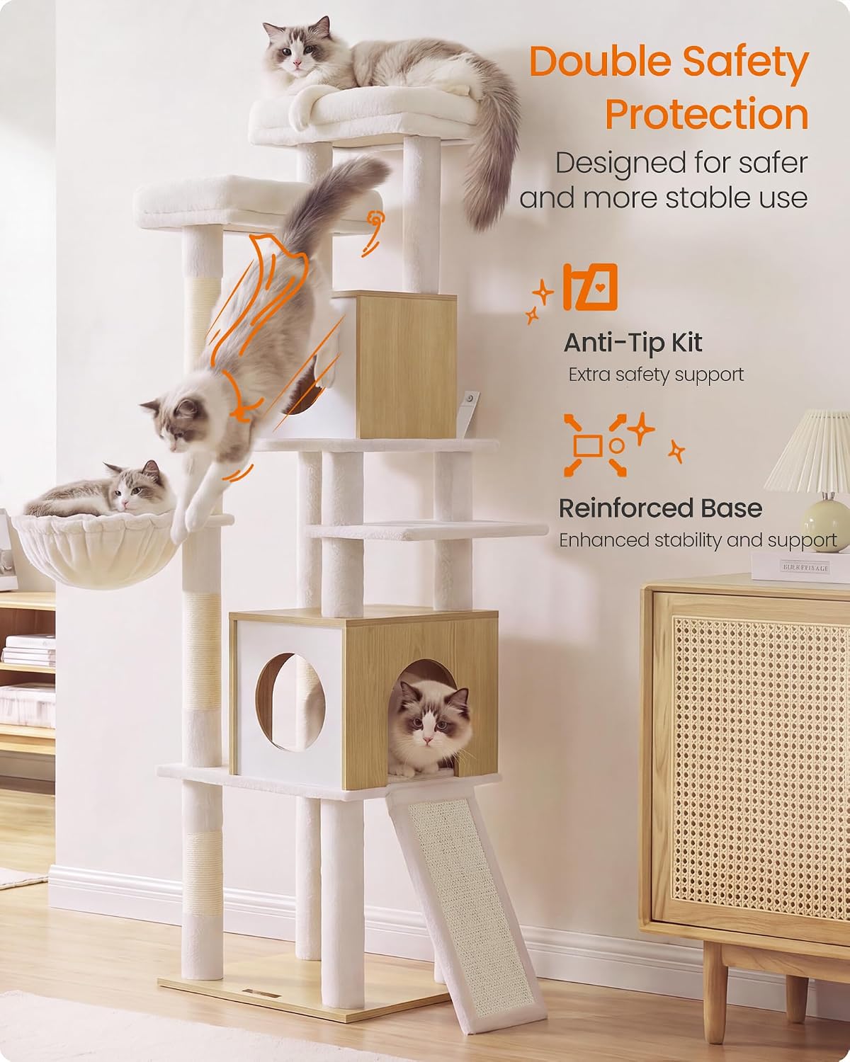 Feandrea Tall Cat Tree, 6-Tier Cat Tower with 2 Condos, 67.3 in