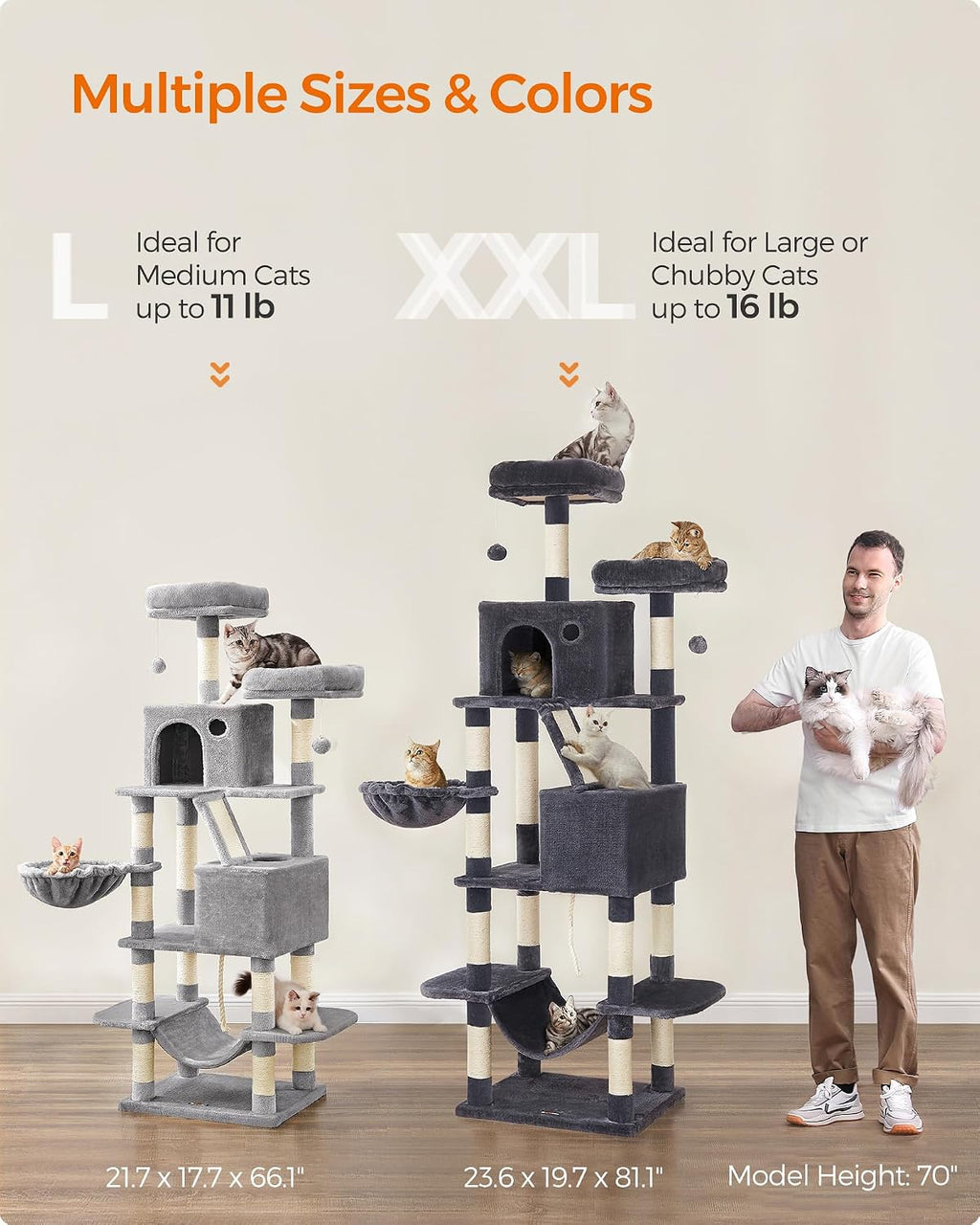 Feandrea Cat Tree, 81.1-Inch Large Cat Tower, Multi-Level Condo, Light Gray
