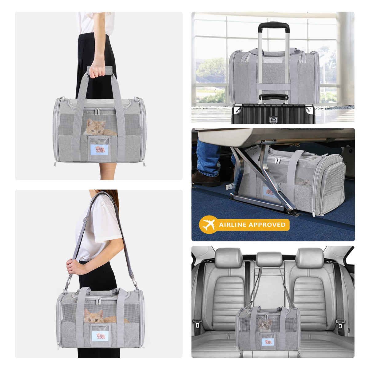 SECLATO Cat Carrier Pet Dog Carrier Airline Approved for Puppy Cat Carrier Under 15 lbs, Collapsible Soft Sided Airline Approved Cat Carriers, Grey