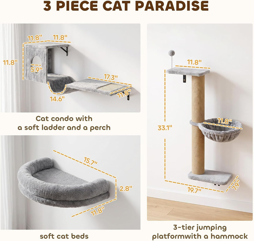 PawHut 3-in-1 Cat Wall Shelves, Wooden Cat Climbing Furniture, Gray