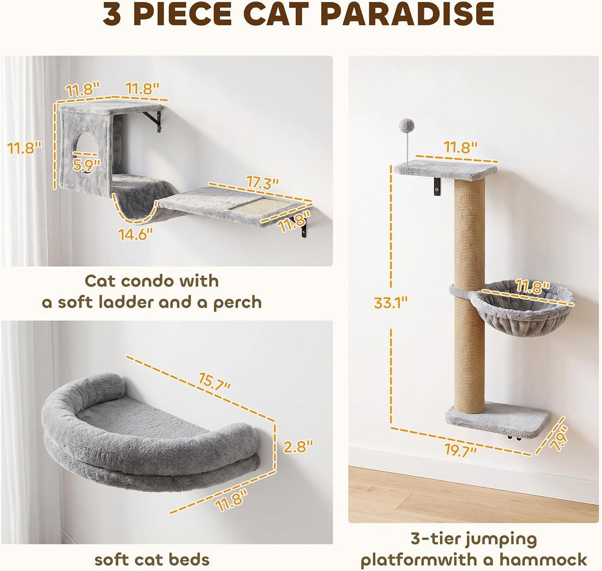 PawHut 3-in-1 Cat Wall Shelves, Wooden Cat Climbing Furniture, Gray