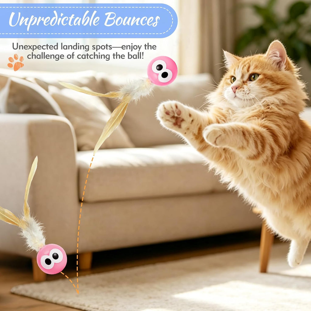 4 Pack Bouncing Ball Cat Toys, Elastic Rubber Balls with Feather Tails