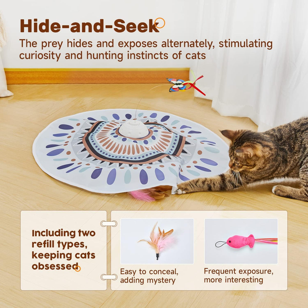 Potaroma Cat Toys Chargeable, 3in1 Hide and Seek for Kittens, Interactive Automatic Play, Fluttering Butterfly, Moving W