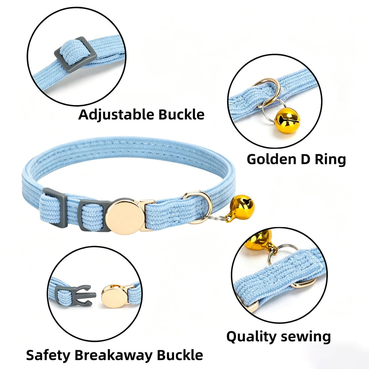 WDPAWS Soft Corduroy Cat Collar for Small to Large Cats, Adjustable 7-11 Inch, Gold Buckle & Bell (Light Blue)