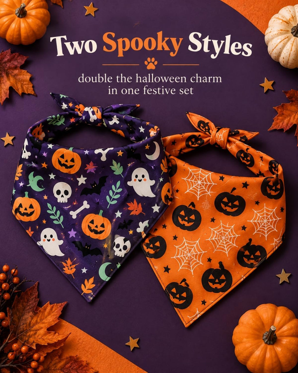 Halloween Dog Bandanas 2PCS Pumpkin Pet Scarf