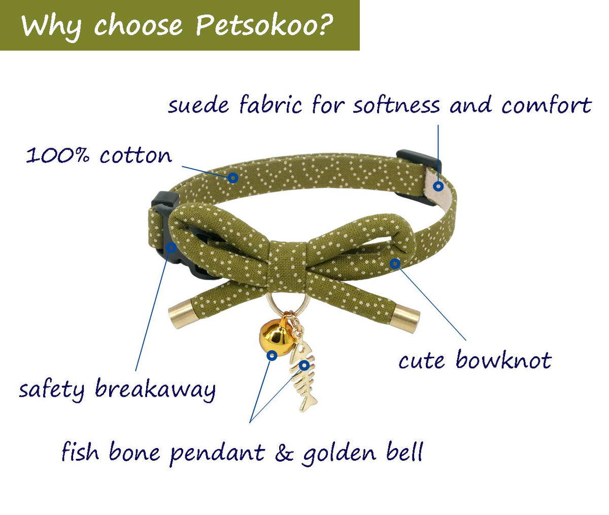 PetSoKoo Cute Bowtie Cat Collar with Bell. Japanese Stylish Bowknot & Fish Charm. Safety Breakaway, Soft, Lightweight, for Girl Boy Male Female Cats Kitten,Green