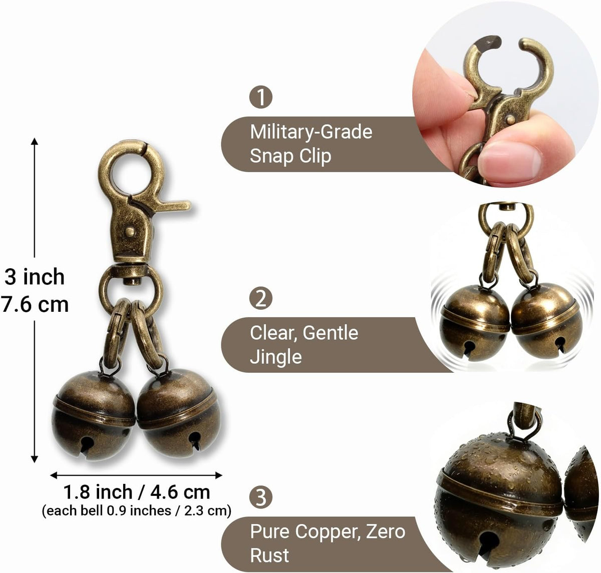 Copper Bells for Dog Collars with Snap Clips - Dog Bells to Go Outside,Made of Pure Copper for Dogs/Cat - Clear Sound & 