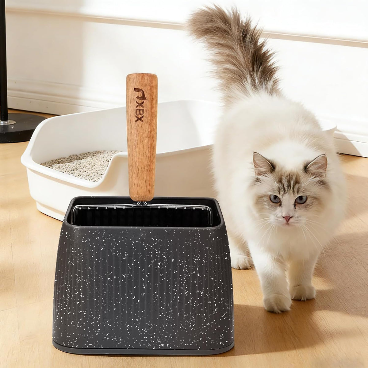 XBX Cat Litter Scoop with Holder, Heavy Duty Litter Sifter, Stainless Steel Litter Shovel, Litter Scooper with Beech Woo