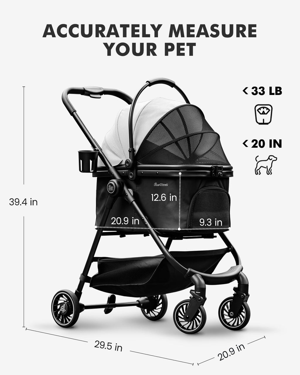 Pawccoli Pet Stroller for Small Dogs and Cats, One-Click Foldable Dog Stroller with Detachable Carrier & 3 Safety Tethers, Holds up to 33 lbs, Storage Basket & Cup Holder, Breathable Mesh, Black