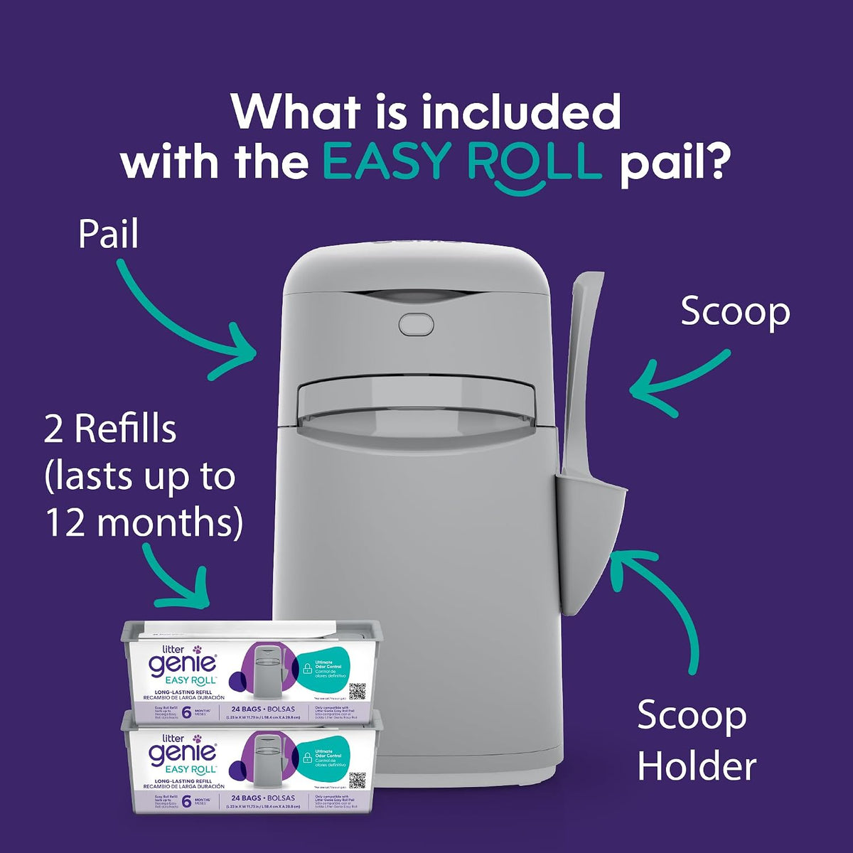 Bundle of Litter Genie Easy Roll Pail & Refill | Cat Litter Box Waste Disposal System for Odor Control with 2 Long Lasti
