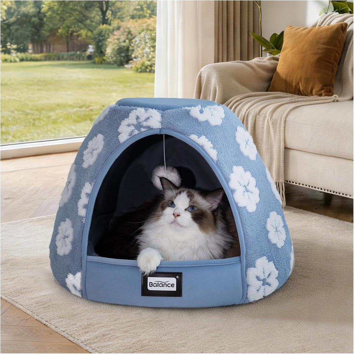 BALANCE Cat Beds for Indoor Cats, 2-in-1 Cat Bed Cave with Anti-Slip Bottom and Ultra-Soft Plush, Cozy Cats House Tent f