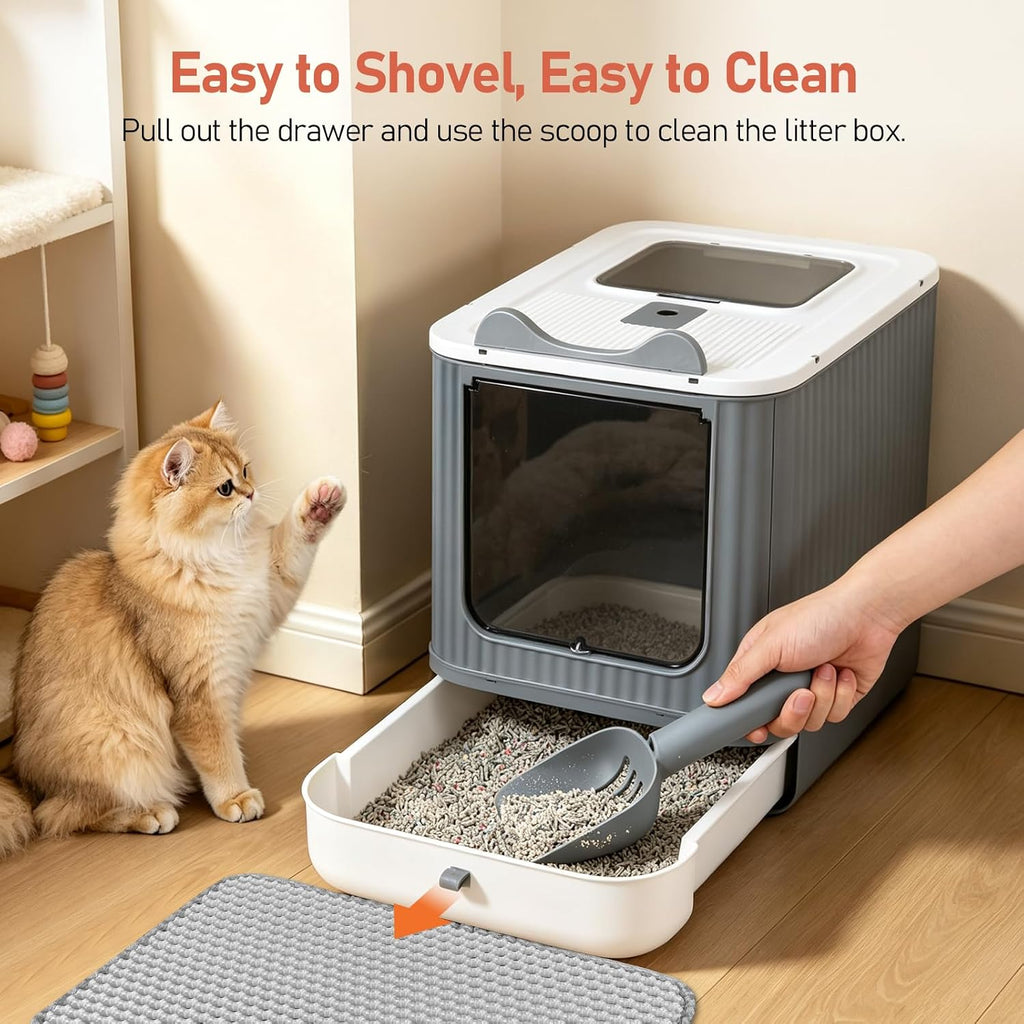 LCZLBRRD Covered Cat Litter Box with Lid for Kitten to Medium, Grey-White