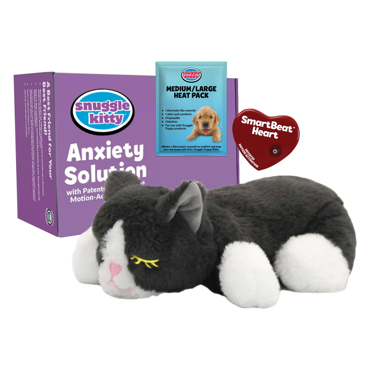 Snuggle Kitty Heartbeat Cat Toy, Calming Comfort, Kittens - Grey and White