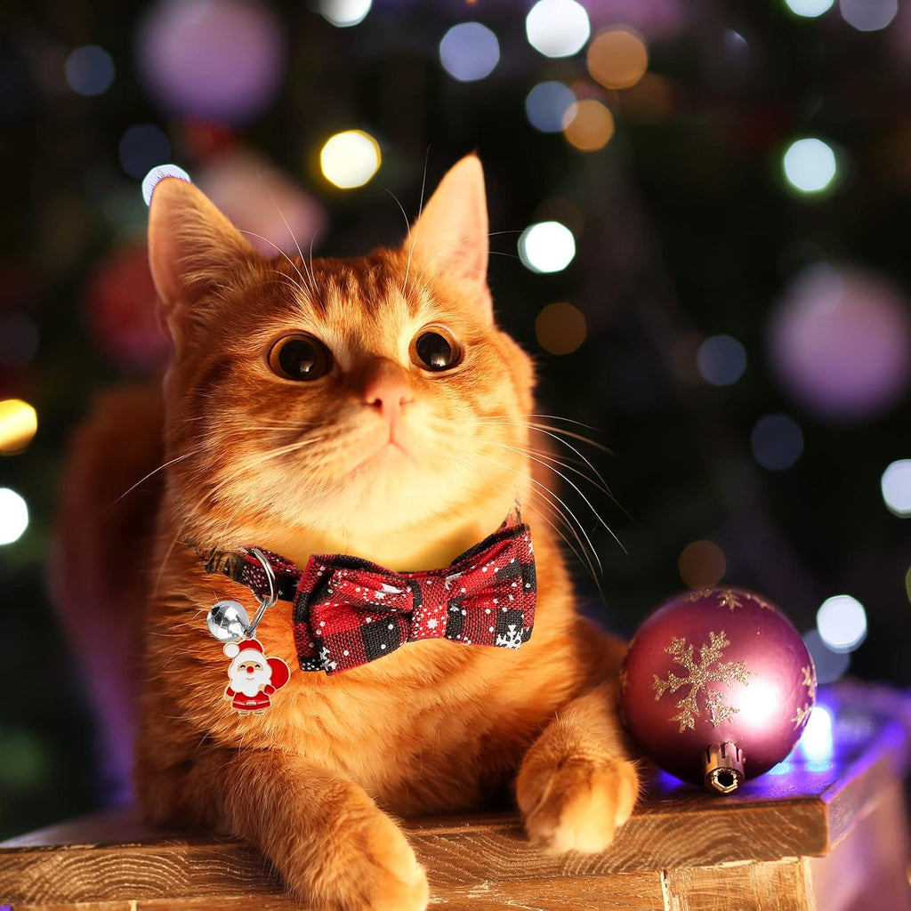 LLHK 4 Pack Christmas Cat Collars with Bow Tie and Bell,Breakaway Kitten Collar for Girl Boy Cats,Adjustable 7-12inch, f