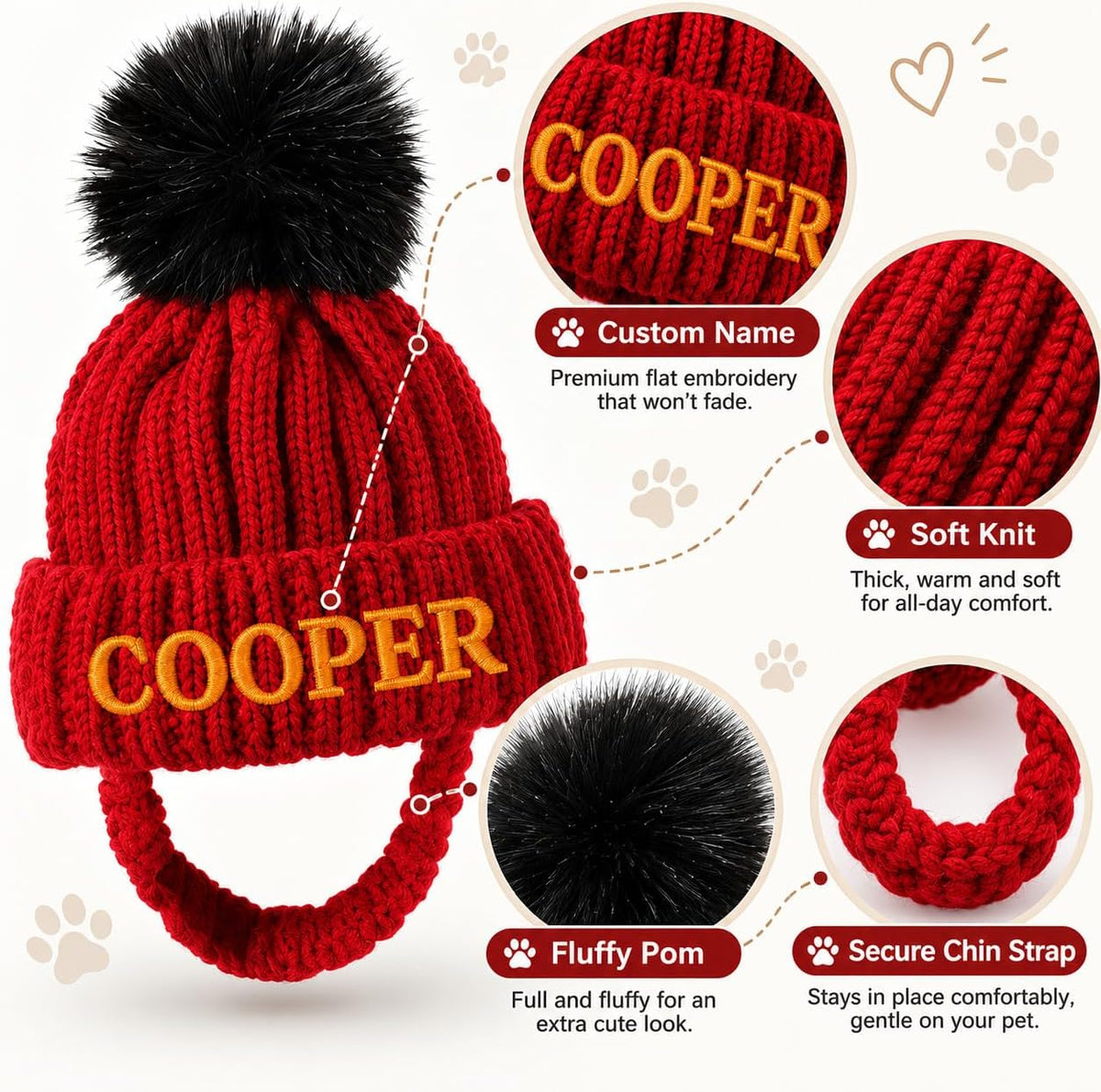 Personalized Dog Winter Hat with Ear Holes Pet Beanie with Embroidered Name