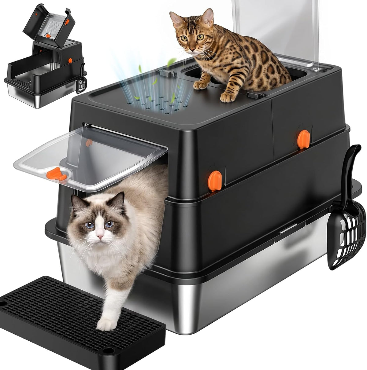 XL Enclosed Stainless Steel Litter Box with Lid, Light Gray