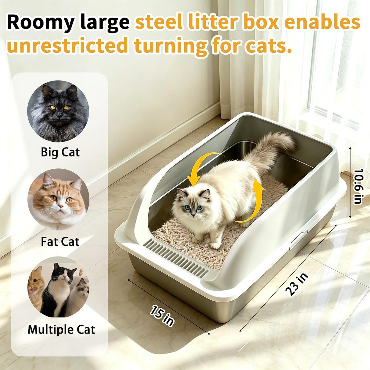 Stainless Steel Cat Litter Box - High Side Pan with Anti-Tracking Step,Rolled Edge & Leak-Proof Base,Cover,Scoop,Anti-Sl
