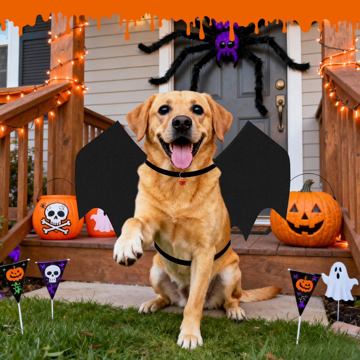 Dog Halloween Costumes for Large Dogs, Dog Bat Wings with Pumpkin Bell Pet Halloween Cosplay Party Dress Up (Large)