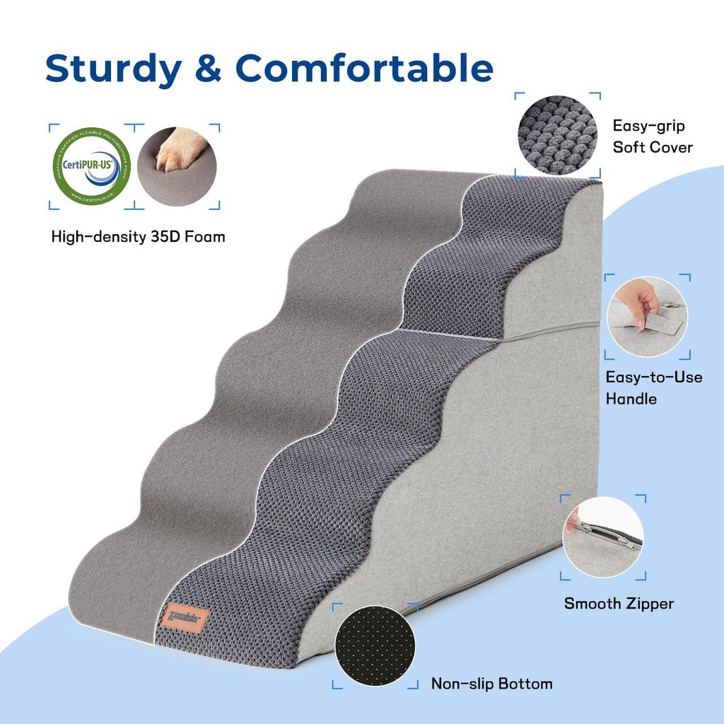 ZOMISIA Dog Stairs Ramp for High Beds Up to 25", 5 Step Pet Stairs Grey
