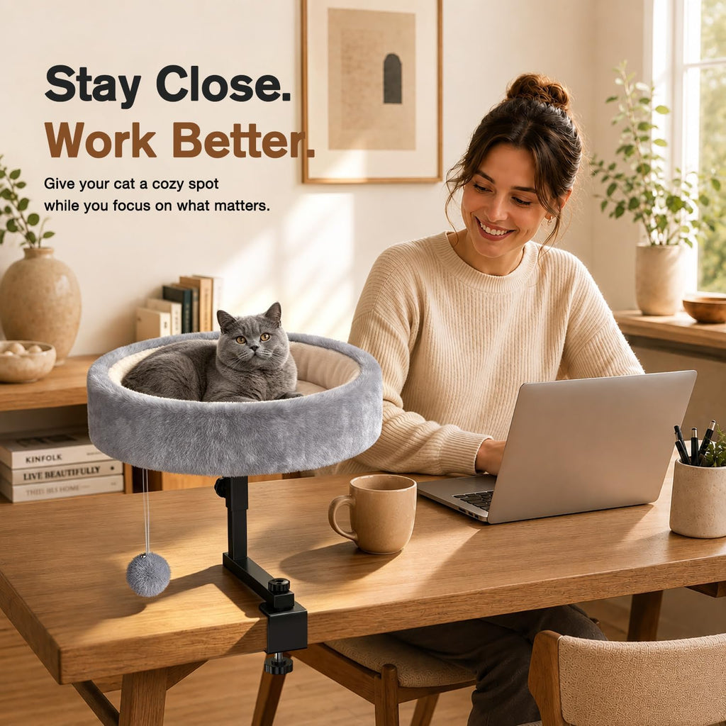 Cat Desk Bed, 360° Rotating & Height Adjustable Cat Bed, 50 lbs