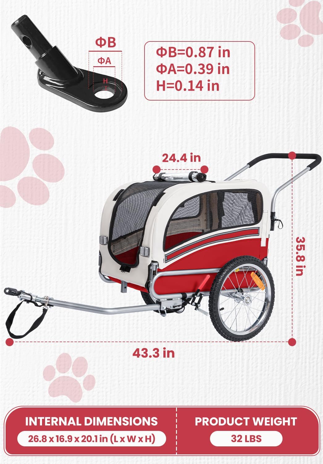 2 in 1 Pet Bicycle Trailer with a 6" Stroller Wheel Suitable for Small and Medium Dogs, Carrier Up to 66/88 LBS, Easy Fo