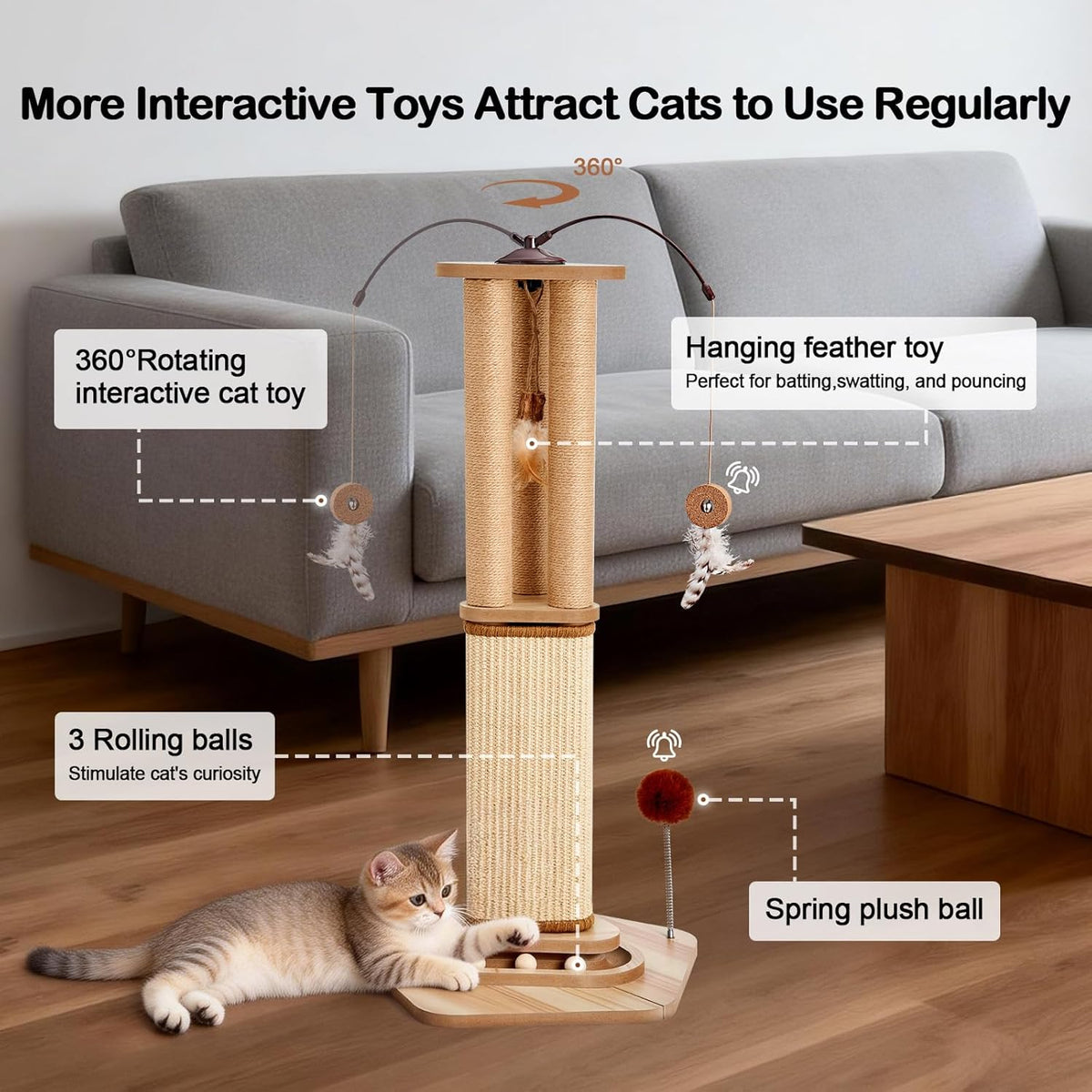 Odoland 34 Inch Cat Scratching Post for Multi Cats with 4 Interactive Toys