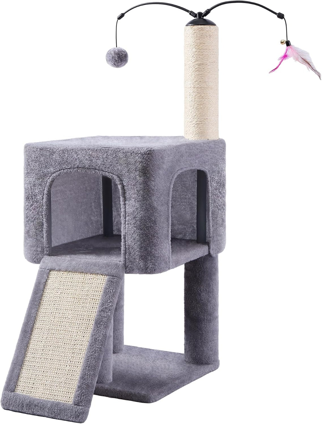 32" Cat Tree for Indoor Cats, 2-in-1 Cat House with Sisal Scratching Post & Ramp, 2-Level Cat Tower with Rotatable Feath