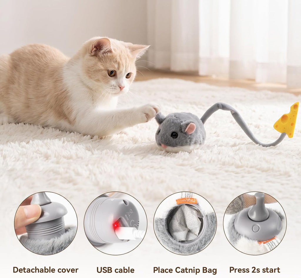 Migipaws Interactive MigiMouse Cat Toy Set, 360° Rolling Spinning Plush Mice, Rechargeable Cat Toys with Smart Motion Se