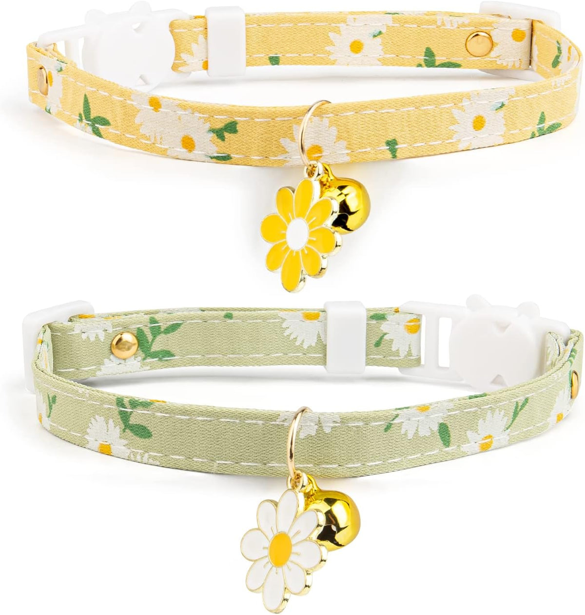 2 Pack Cotton Breakaway Cat Collar with Bell Yellow&Green Flowers Pendant Cute Kitten Cat Collar Suitable for Girls and 