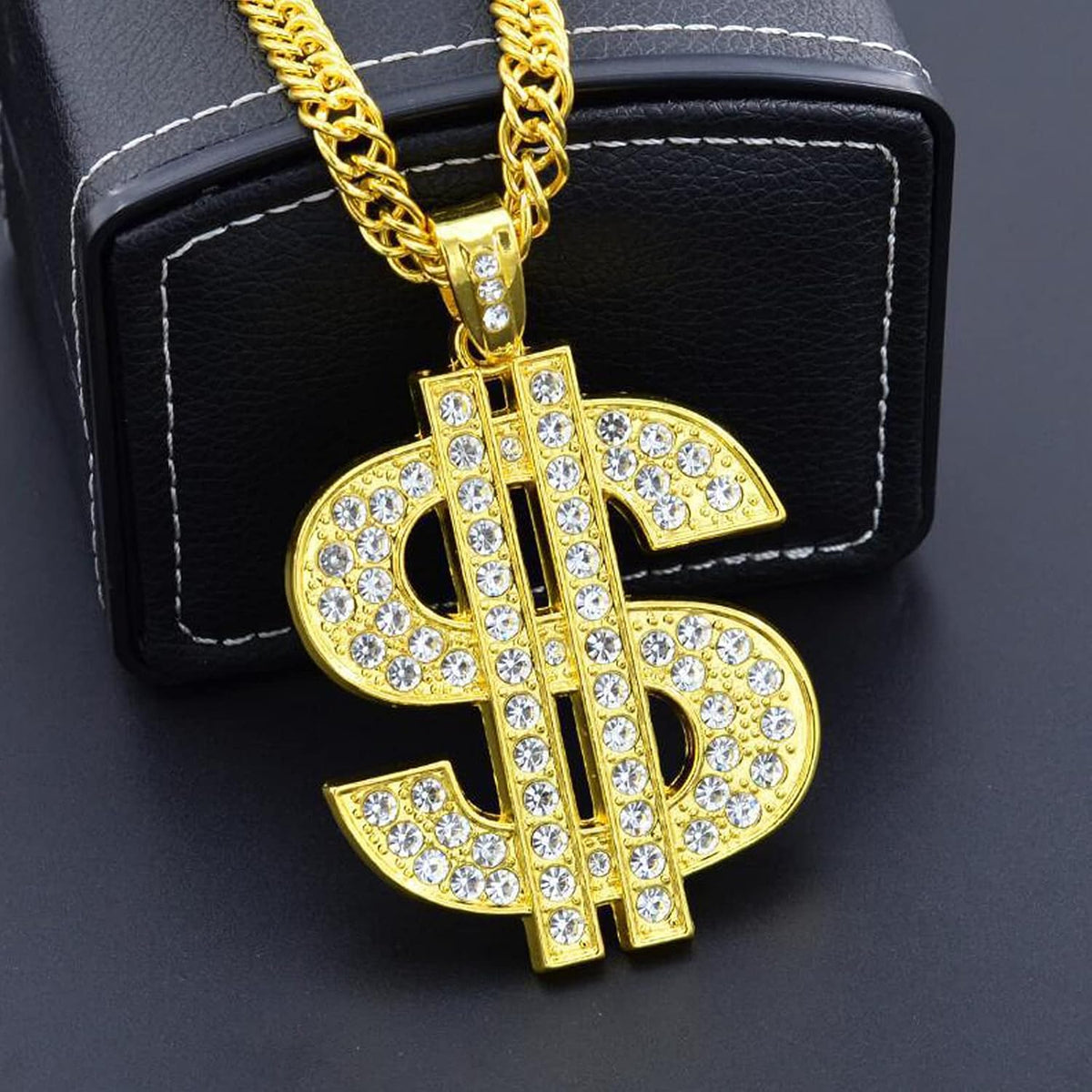 FUNKA Gold Chain Dog Collar Adjustable Cuban Link Dog Necklace with Crystal Dollar Sign Pendant Cute Fashion Pet Jewelry