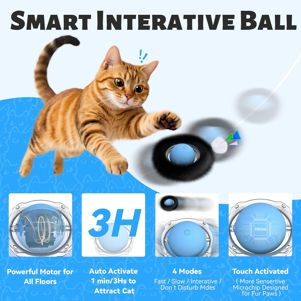 ORSDA Cat Toys, Interactive Fast Rolling Ball in Pouch, Hide and Seek for Indoor Cats, Motion Chirping Activated Moving 