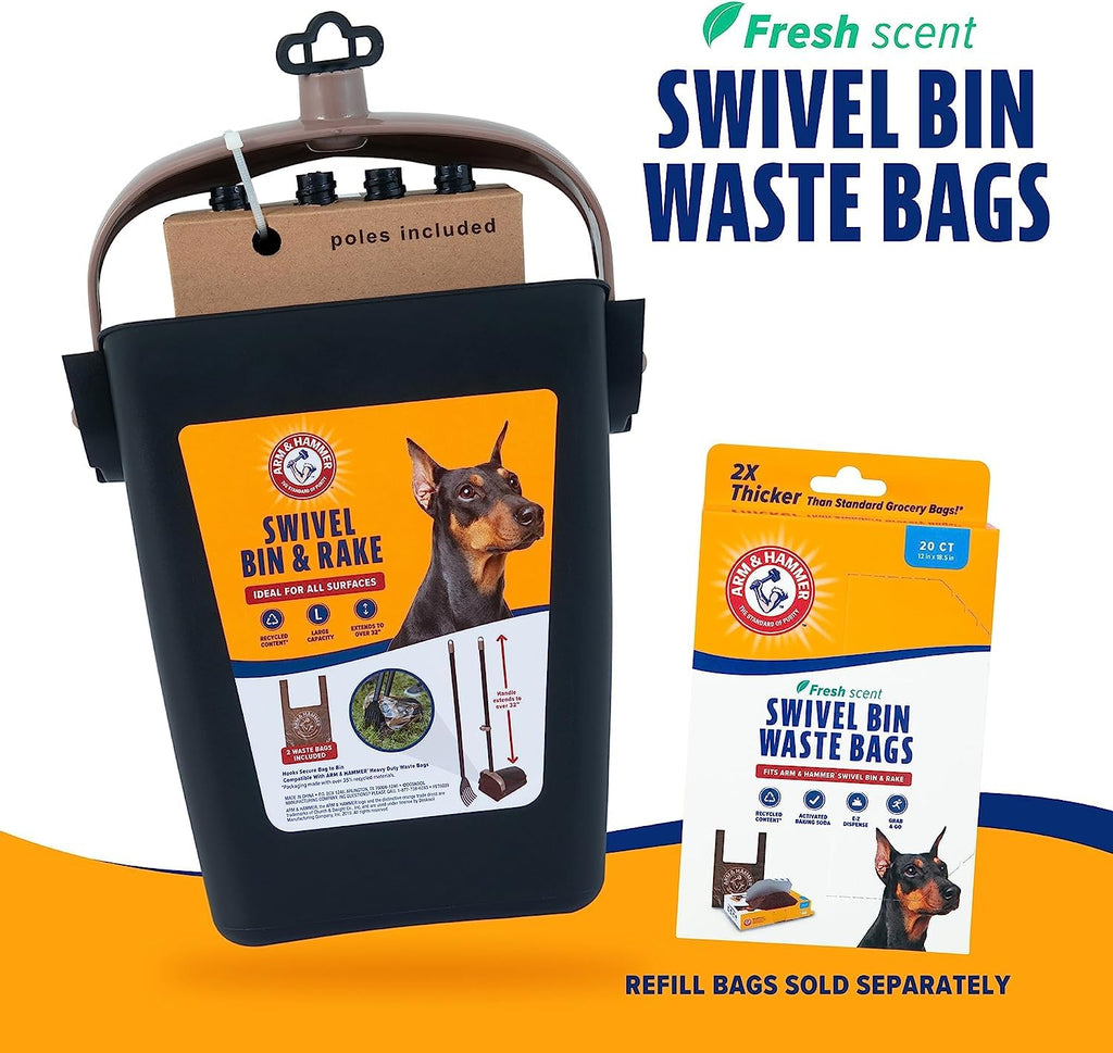Arm & Hammer Swivel Bin & Rake Dog Pooper Scooper, Includes 2 Waste Bags