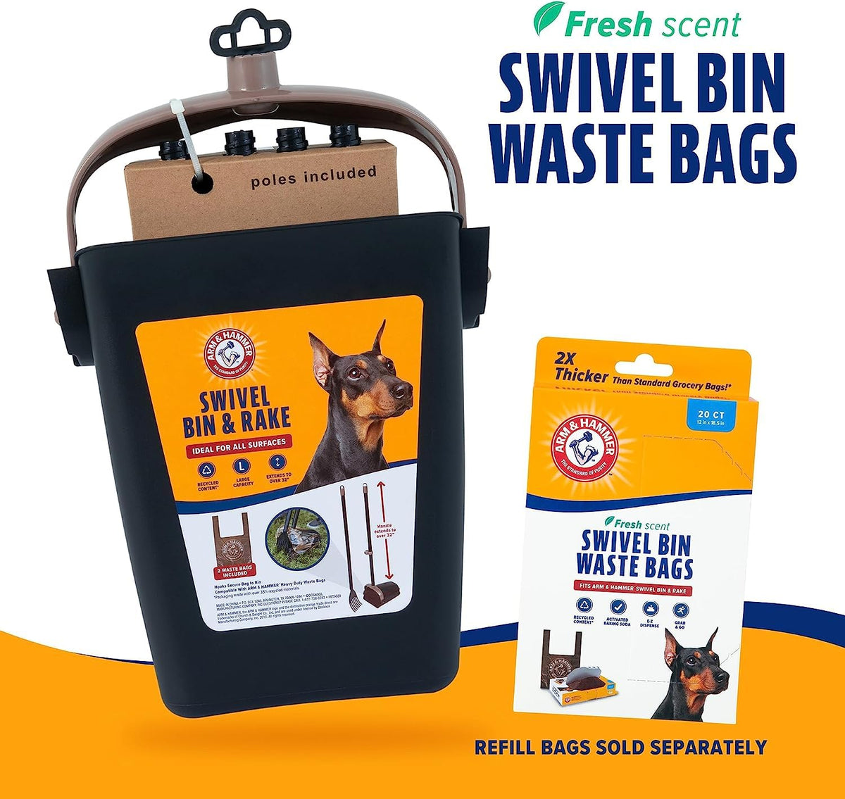 Arm & Hammer Swivel Bin & Rake Dog Pooper Scooper, Includes 2 Waste Bags