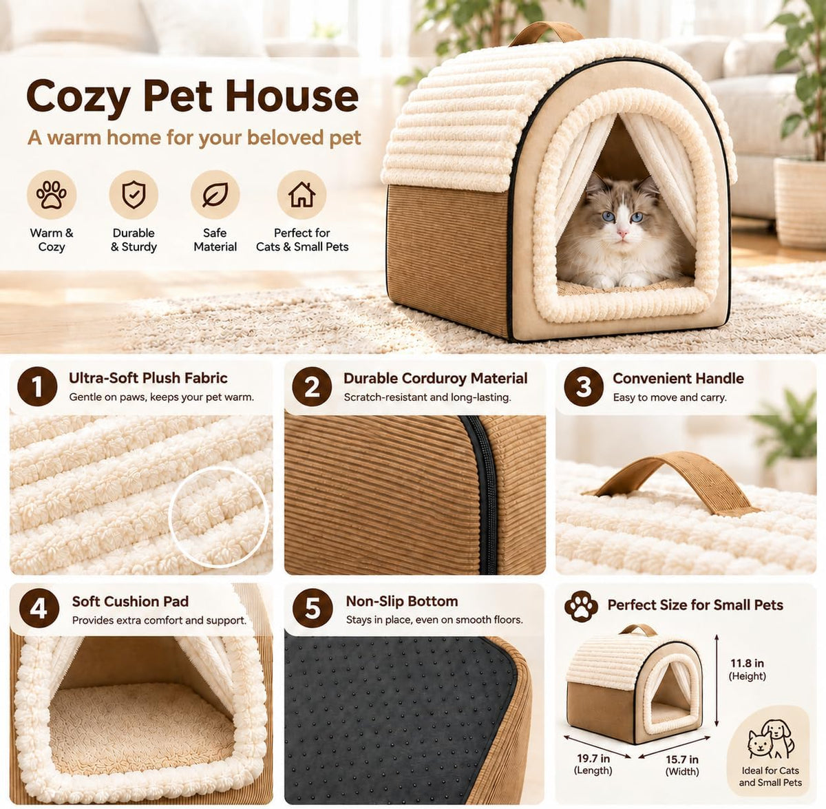 Cat House for Indoor Cats, Enclosed Cat Cave Bed with Curtain Door, Covered Pet House for Cats and Dogs, Removable Washa