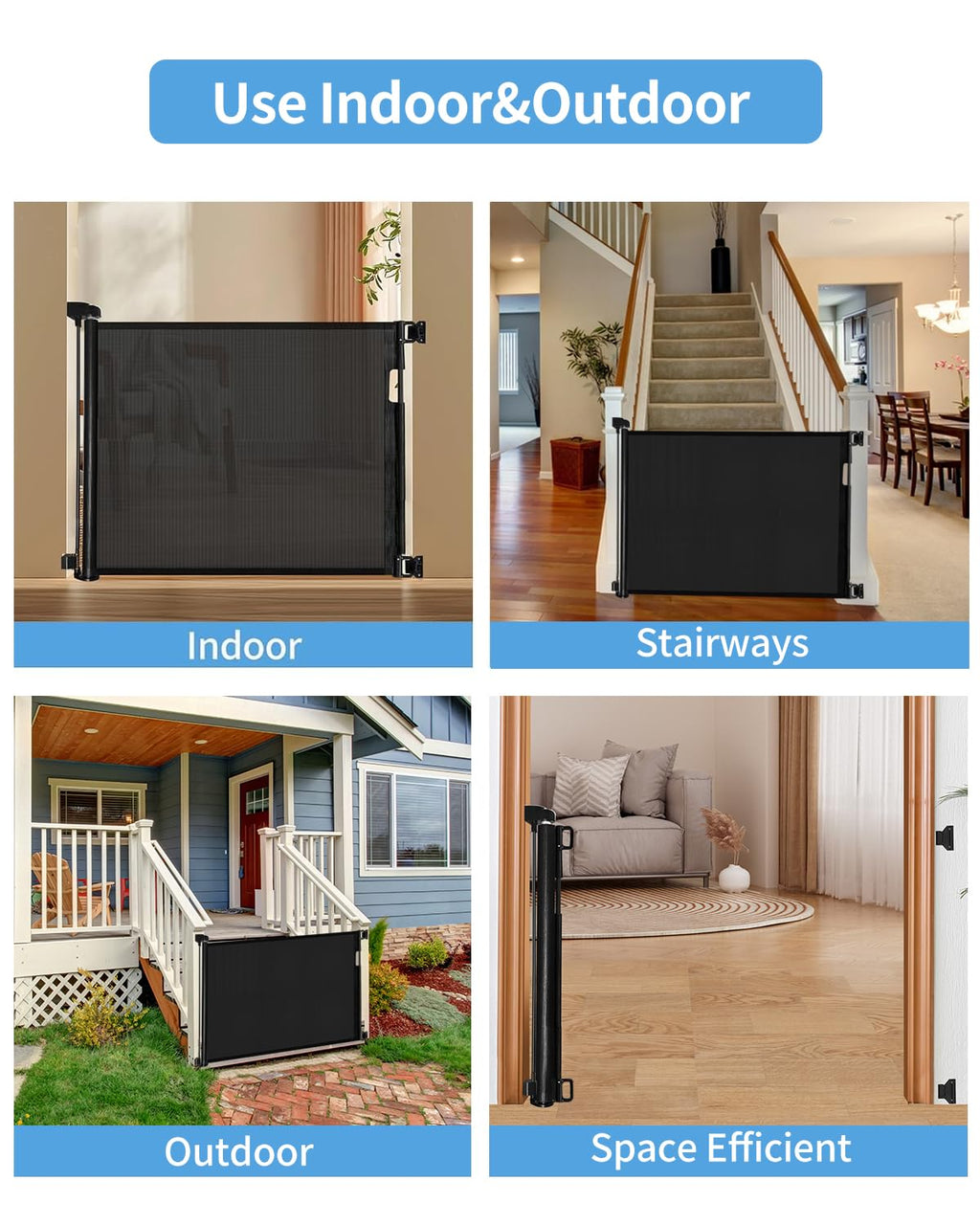 Veraste Retractable Baby Gate for Doorways and Stairs, Mesh Safety Gate for Pet, Indoor & Outdoor Use, One-Hand Operation, Easy Installation, 33.6" Tall, Expands to 55" Wide（Black）