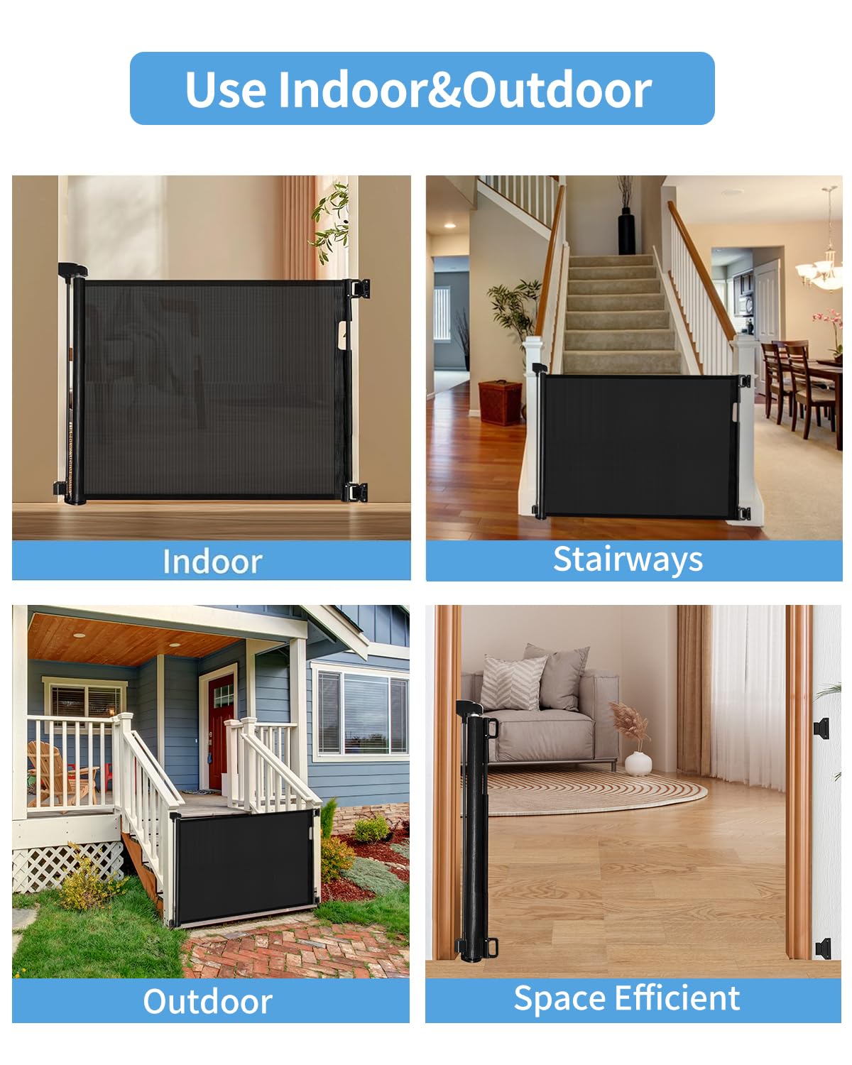 Veraste Retractable Baby Gate for Doorways and Stairs, Mesh Safety Gate for Pet, Indoor & Outdoor Use, One-Hand Operation, Easy Installation, 33.6" Tall, Expands to 55" Wide（Black）