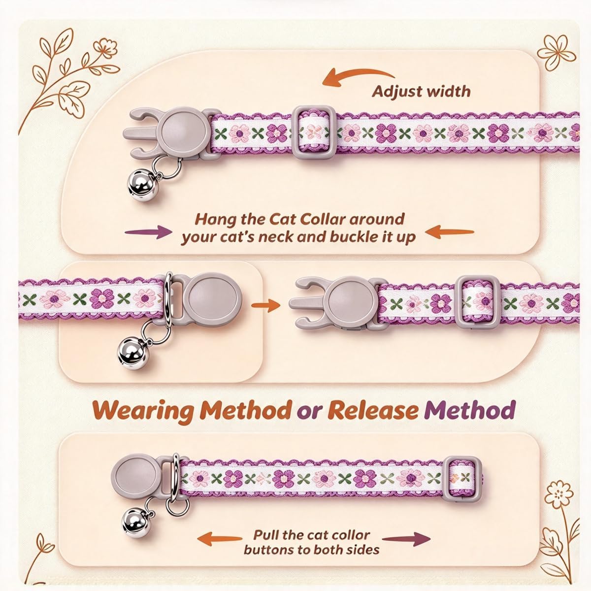 Personalized Breakaway Cat Collar with Name Tag, Embroidered Floral Collar