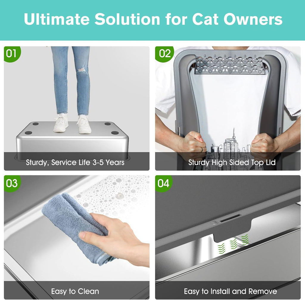 2PACK Stainless Steel Cat Litter Box with High Sides Lid, Extra Large XL Litter Box for Big Cats, Metal Kitty Litter Box