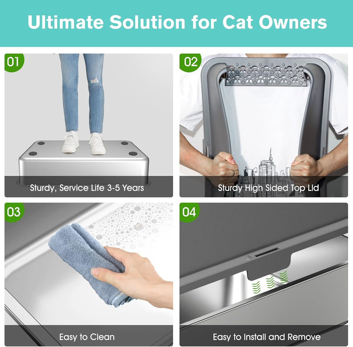 2PACK Stainless Steel Cat Litter Box with High Sides Lid, Extra Large XL Litter Box for Big Cats, Metal Kitty Litter Box